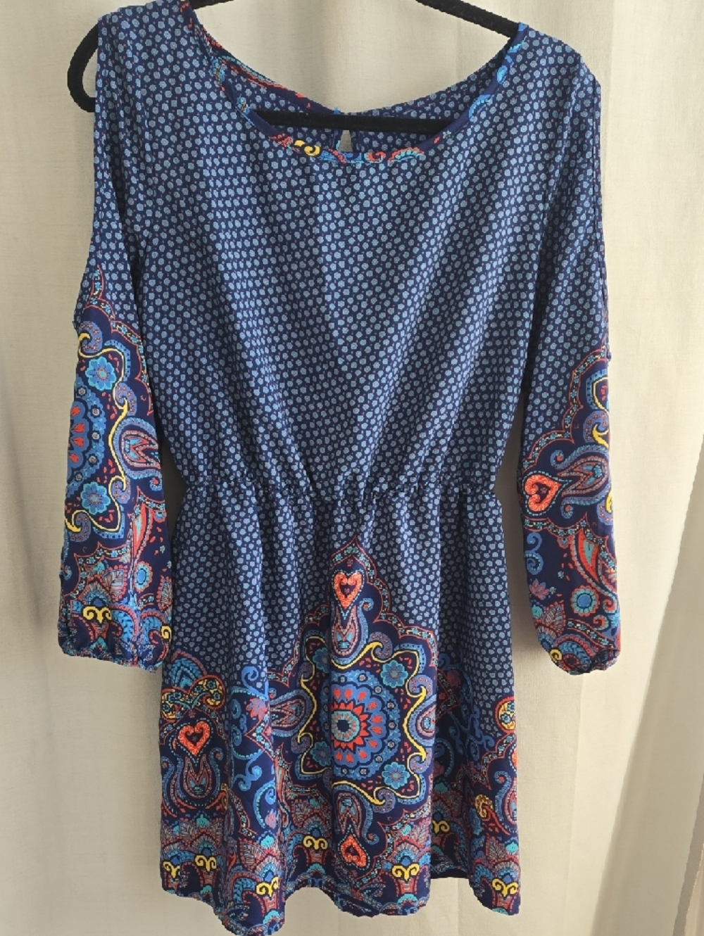 " Unknown Brand" Navy Paisley-Trim Cold-Shoulder Mini Dress - Picture 2 of 9